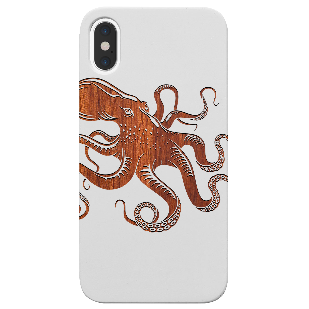 Octopus Engraved wooden phone case showcasing unique laser-engraved design and natural wood finish.