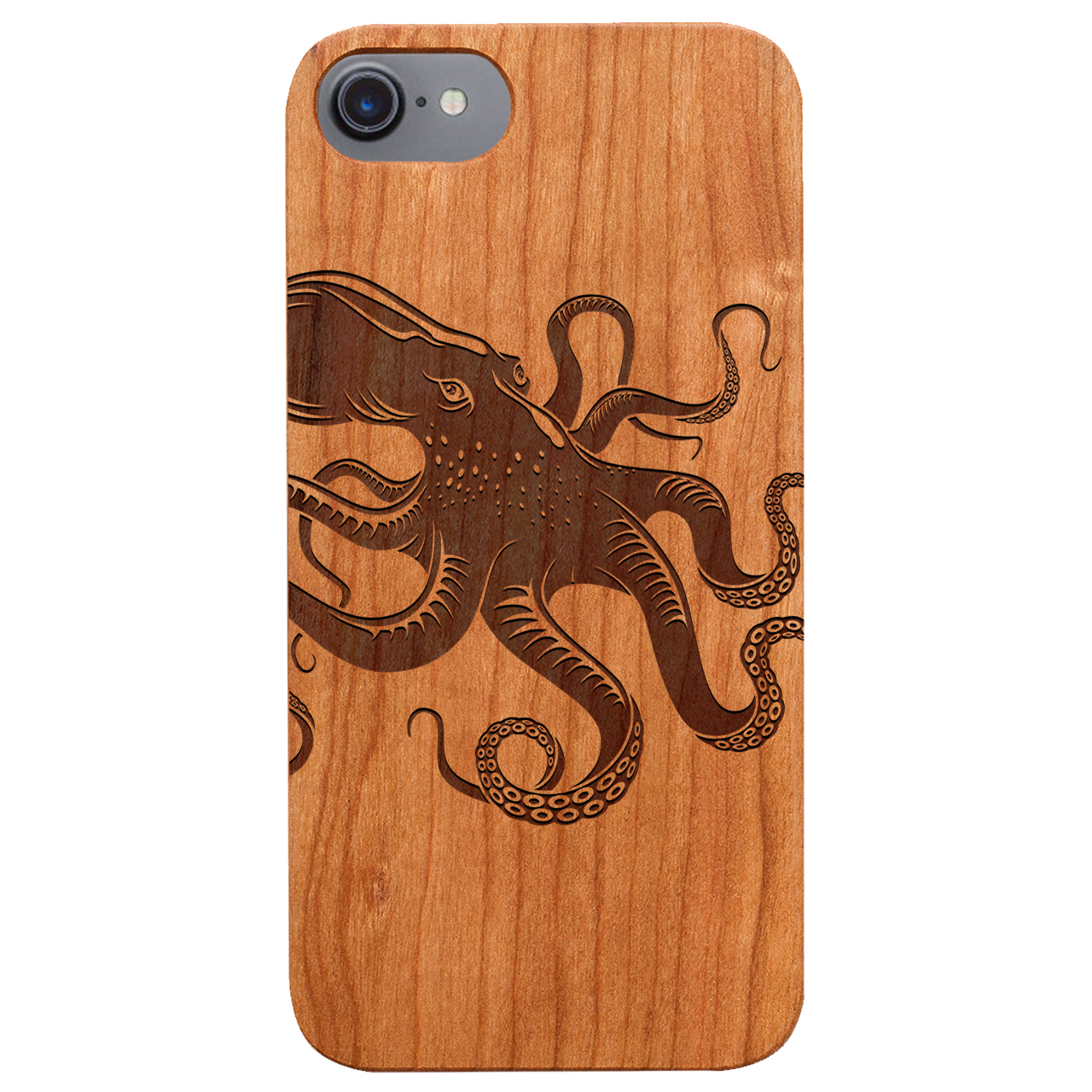 Octopus Engraved wooden phone case showcasing unique laser-engraved design and natural wood finish.