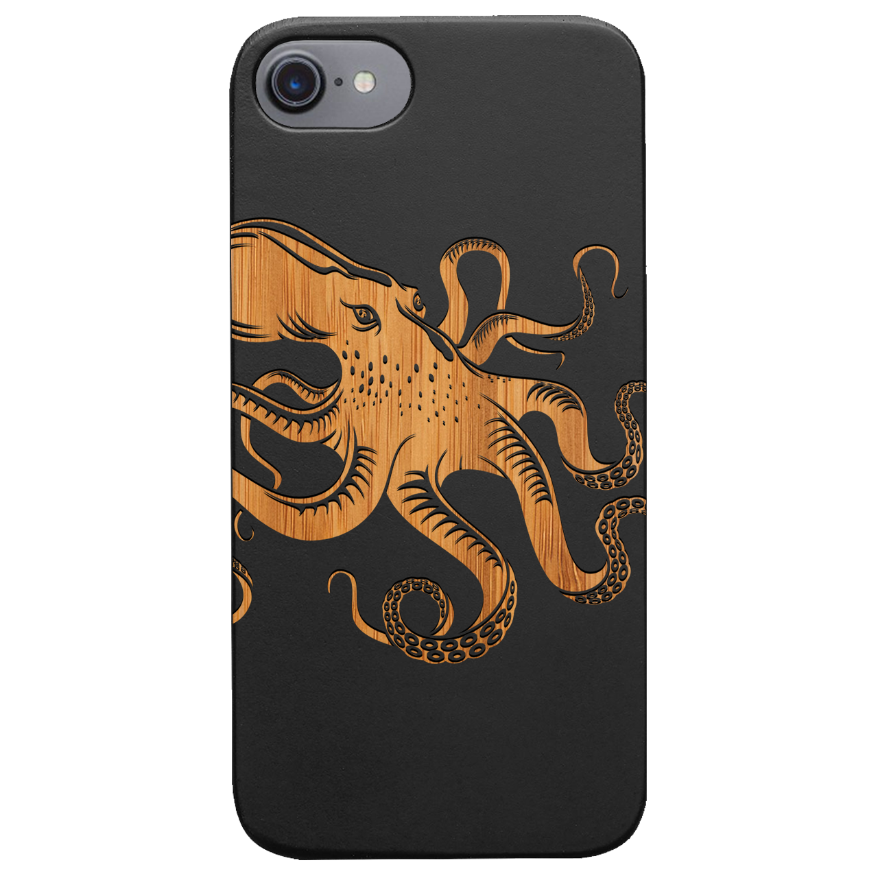 Octopus Engraved wooden phone case showcasing unique laser-engraved design and natural wood finish.