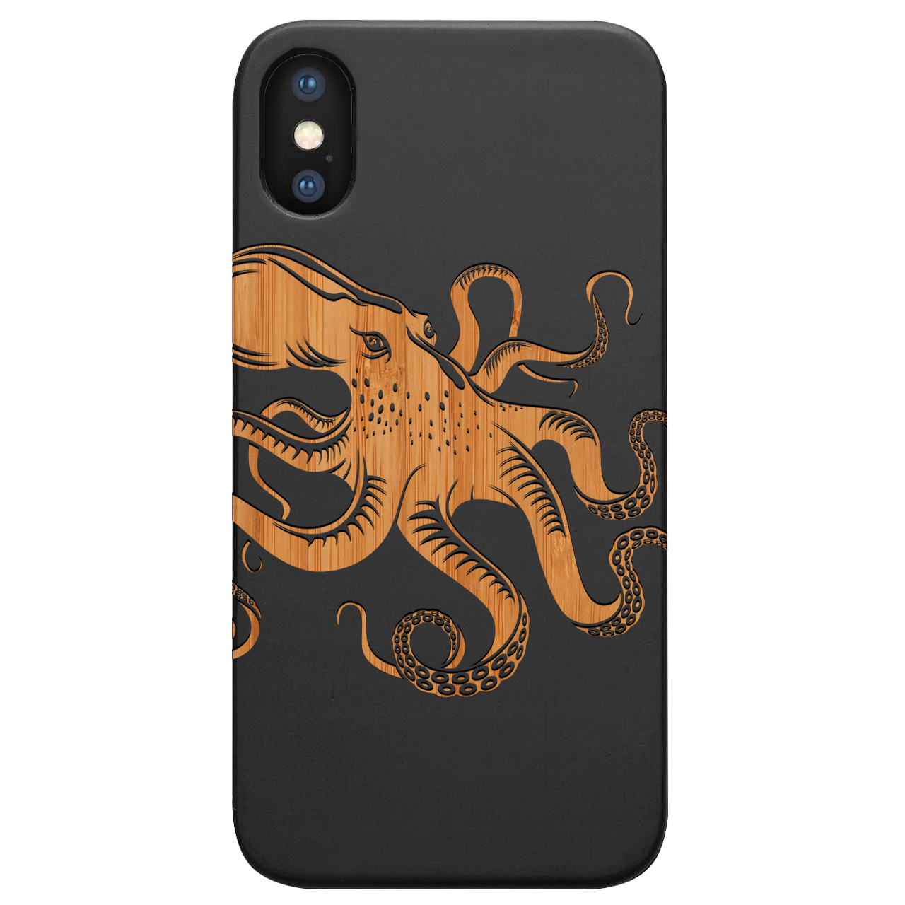 Octopus Engraved wooden phone case showcasing unique laser-engraved design and natural wood finish.