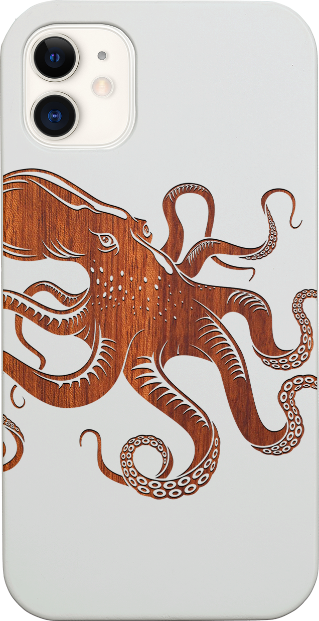 Octopus Engraved wooden phone case showcasing unique laser-engraved design and natural wood finish.