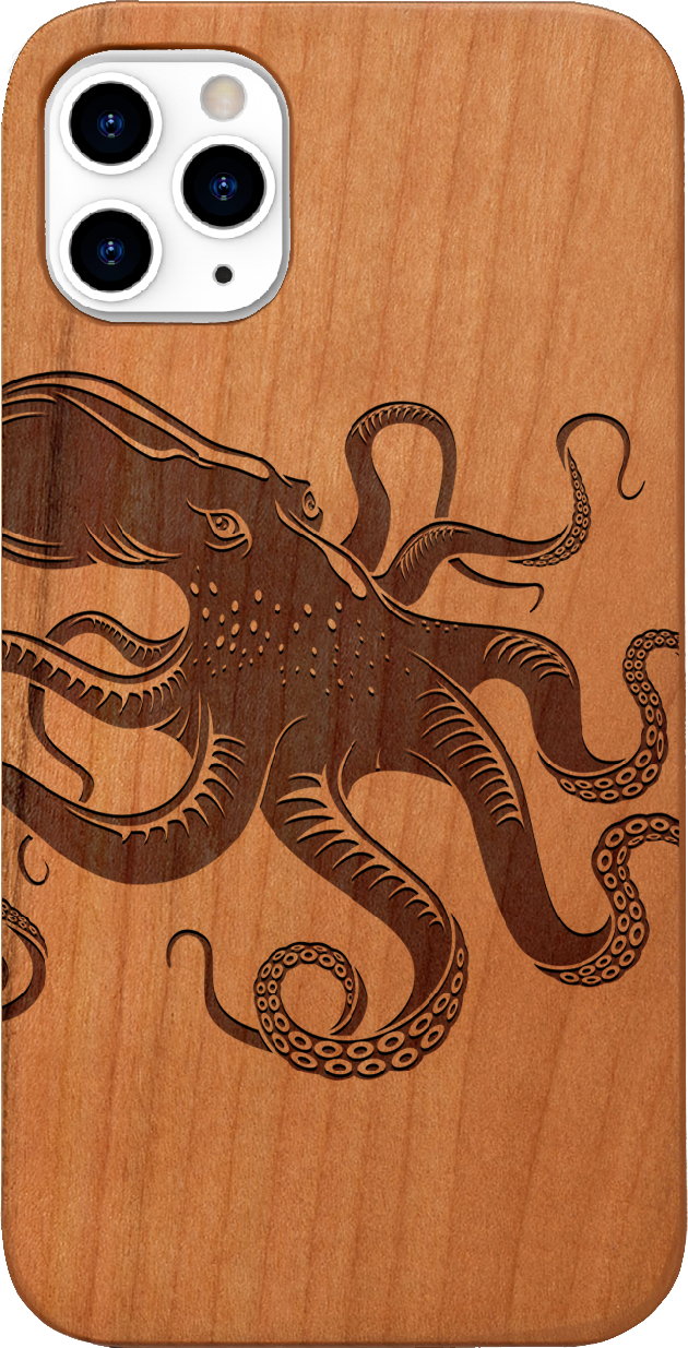 Octopus Engraved wooden phone case showcasing unique laser-engraved design and natural wood finish.