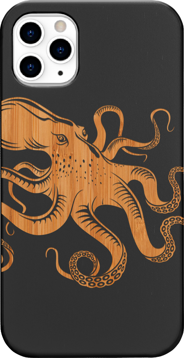 Octopus Engraved wooden phone case showcasing unique laser-engraved design and natural wood finish.