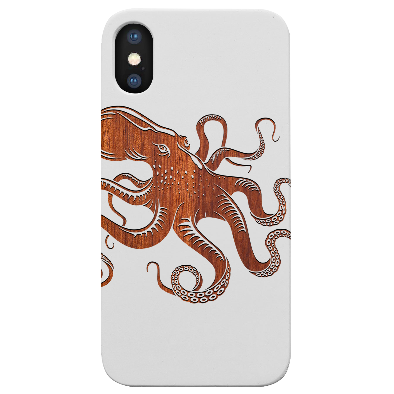 Octopus Engraved wooden phone case showcasing unique laser-engraved design and natural wood finish.