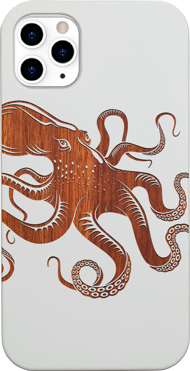 Octopus Engraved wooden phone case showcasing unique laser-engraved design and natural wood finish.