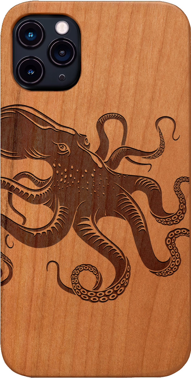 Octopus Engraved wooden phone case showcasing unique laser-engraved design and natural wood finish.