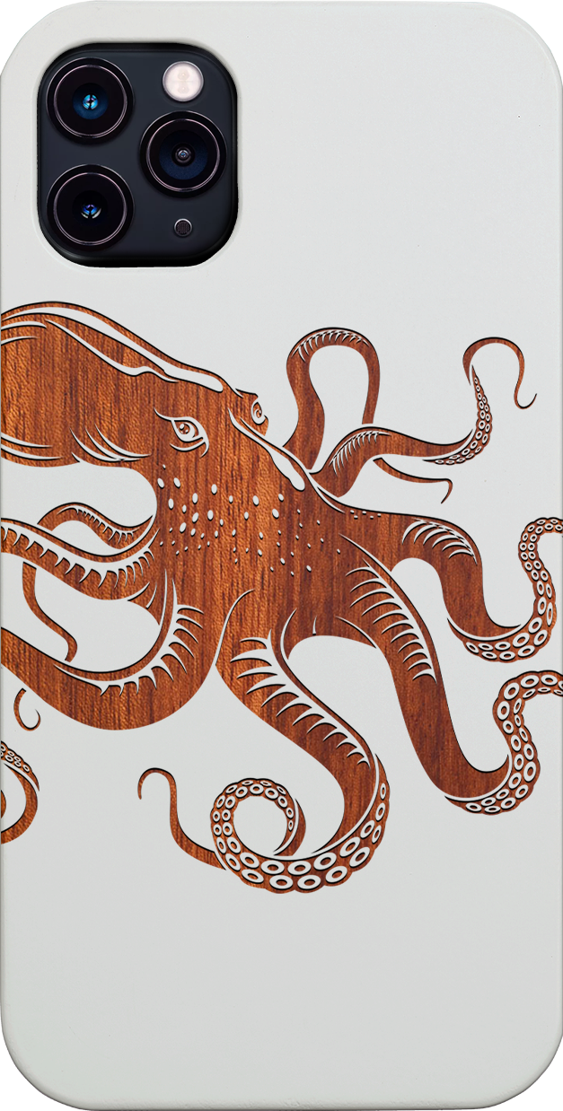 Octopus Engraved wooden phone case showcasing unique laser-engraved design and natural wood finish.