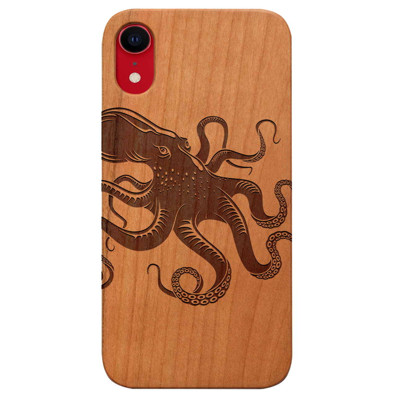 Octopus Engraved wooden phone case showcasing unique laser-engraved design and natural wood finish.