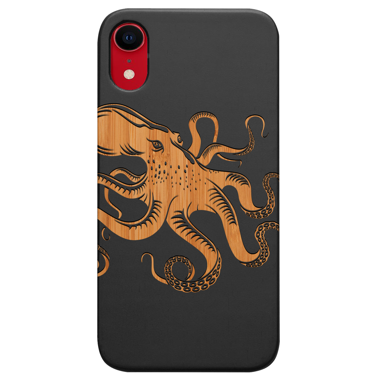 Octopus Engraved wooden phone case showcasing unique laser-engraved design and natural wood finish.