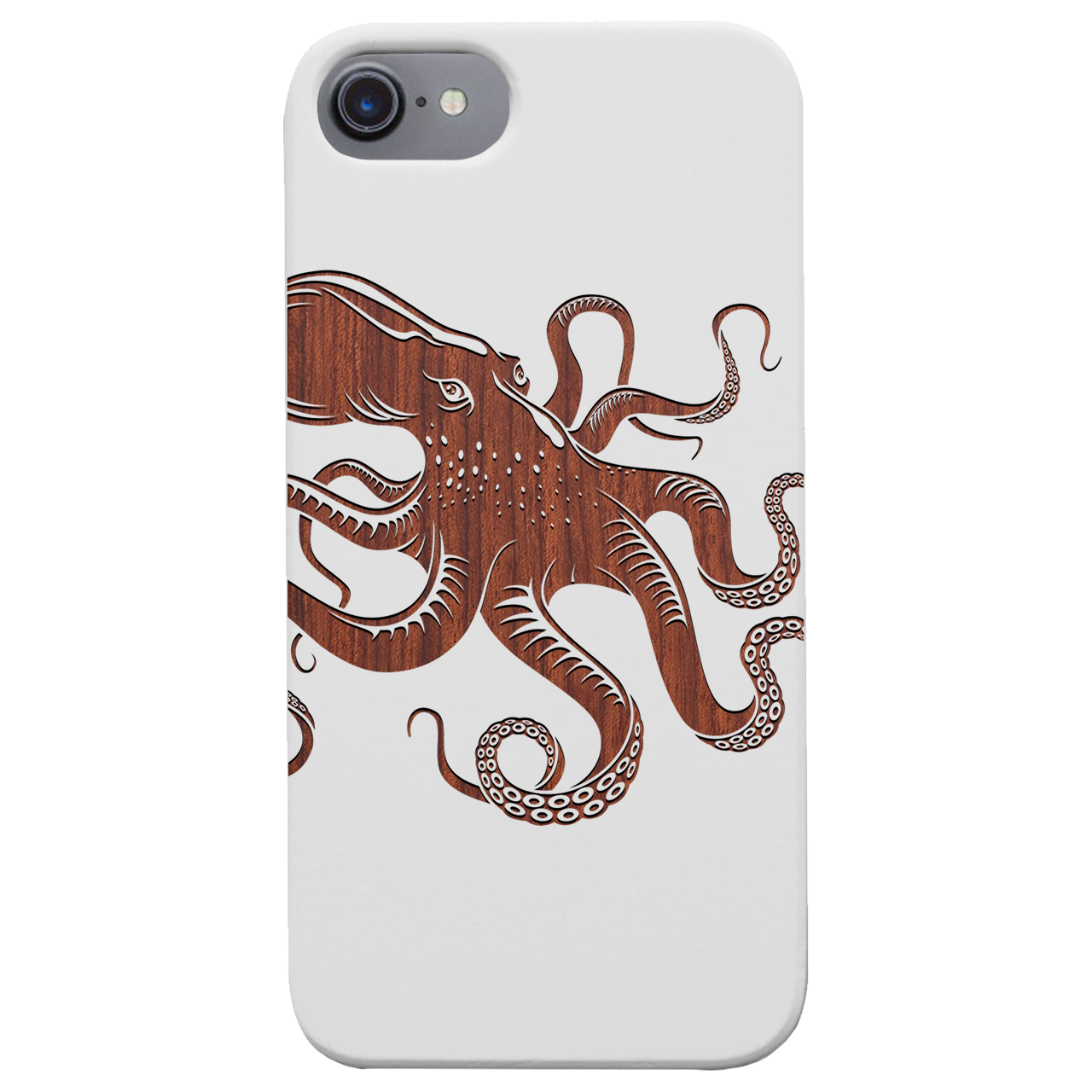 Octopus Engraved wooden phone case showcasing unique laser-engraved design and natural wood finish.