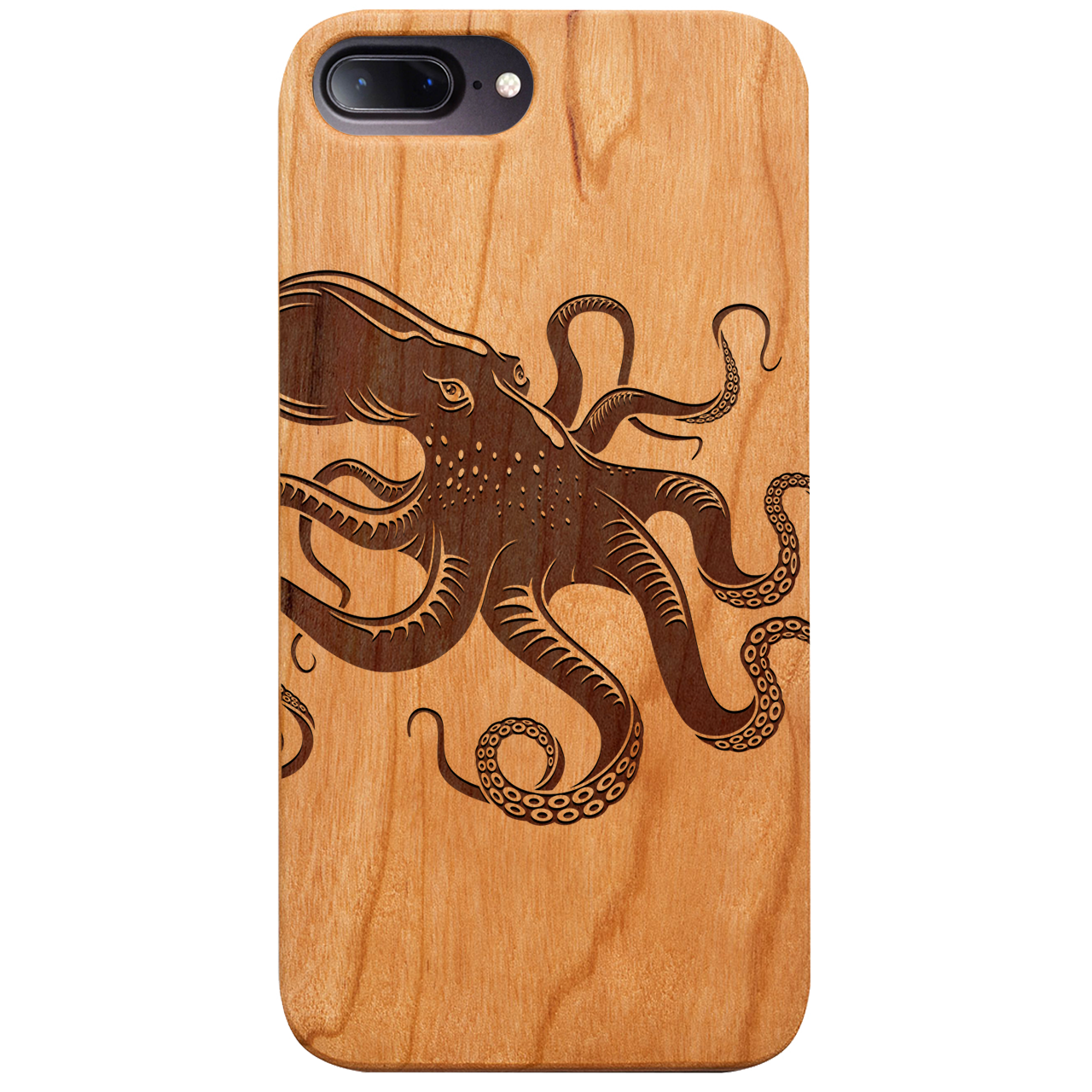 Octopus Engraved wooden phone case showcasing unique laser-engraved design and natural wood finish.