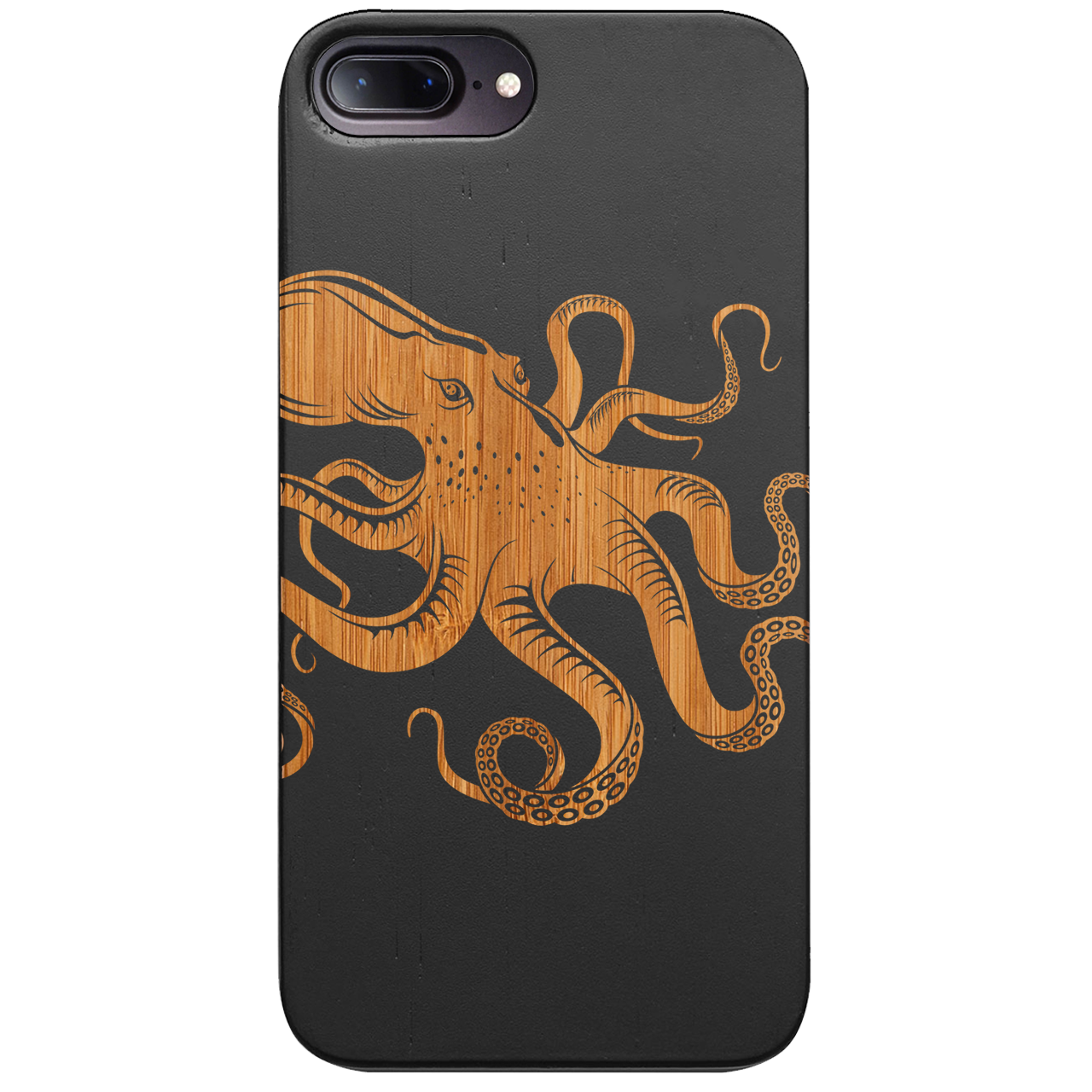 Octopus Engraved wooden phone case showcasing unique laser-engraved design and natural wood finish.