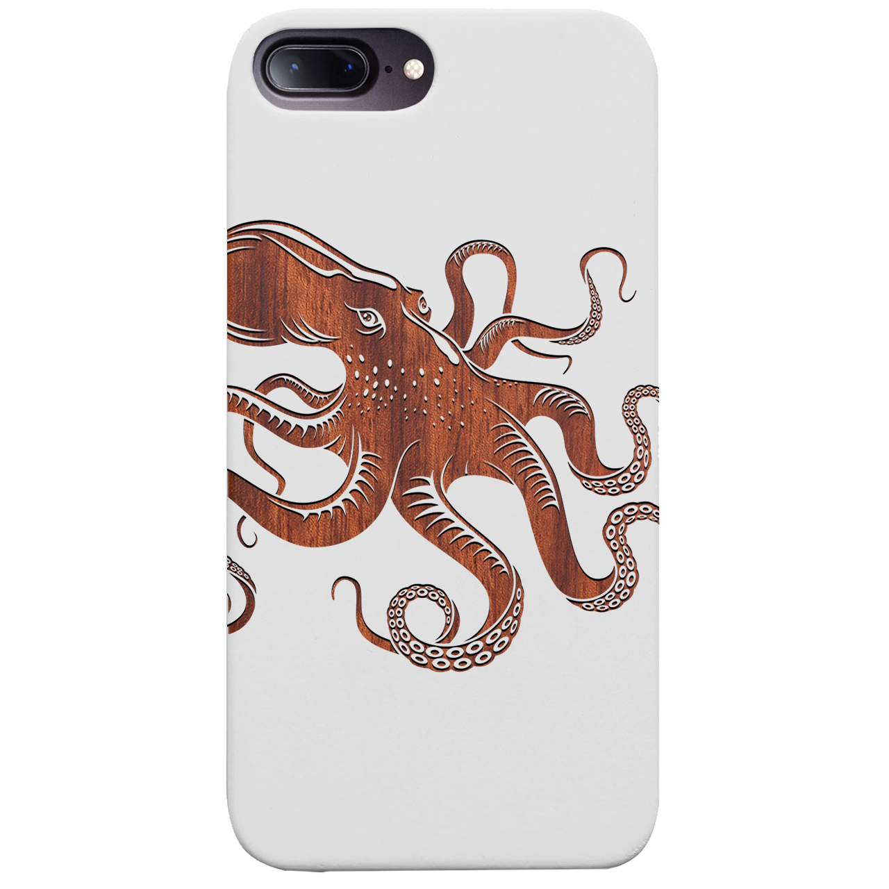 Octopus Engraved wooden phone case showcasing unique laser-engraved design and natural wood finish.