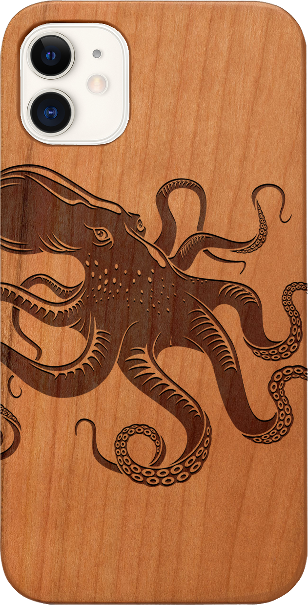 Octopus Engraved wooden phone case showcasing unique laser-engraved design and natural wood finish.