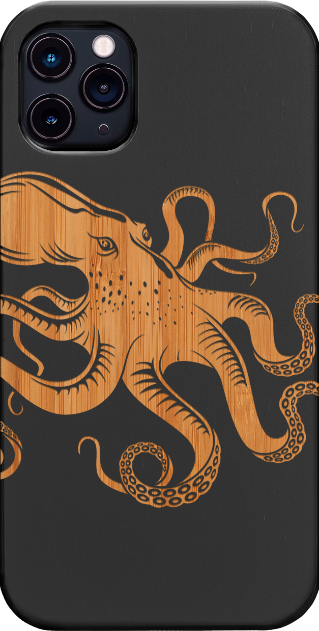 Octopus Engraved wooden phone case showcasing unique laser-engraved design and natural wood finish.