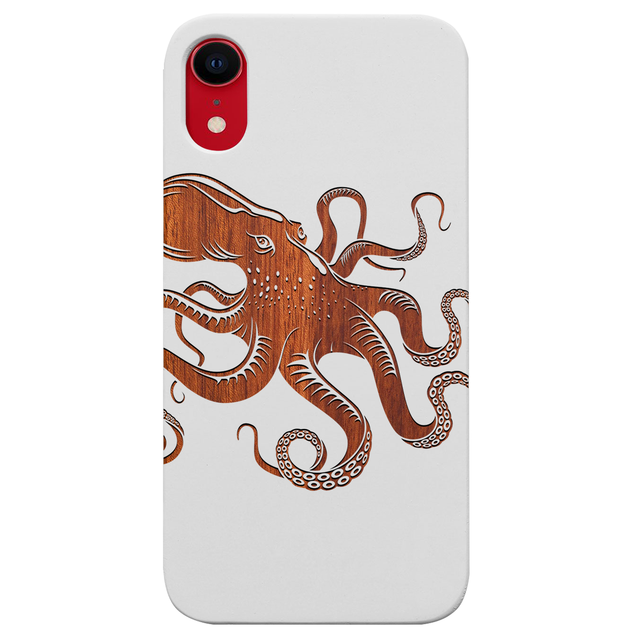 Octopus Engraved wooden phone case showcasing unique laser-engraved design and natural wood finish.