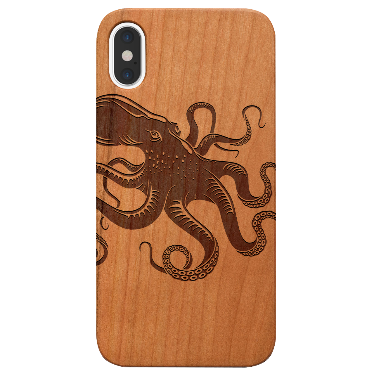 Octopus Engraved wooden phone case showcasing unique laser-engraved design and natural wood finish.