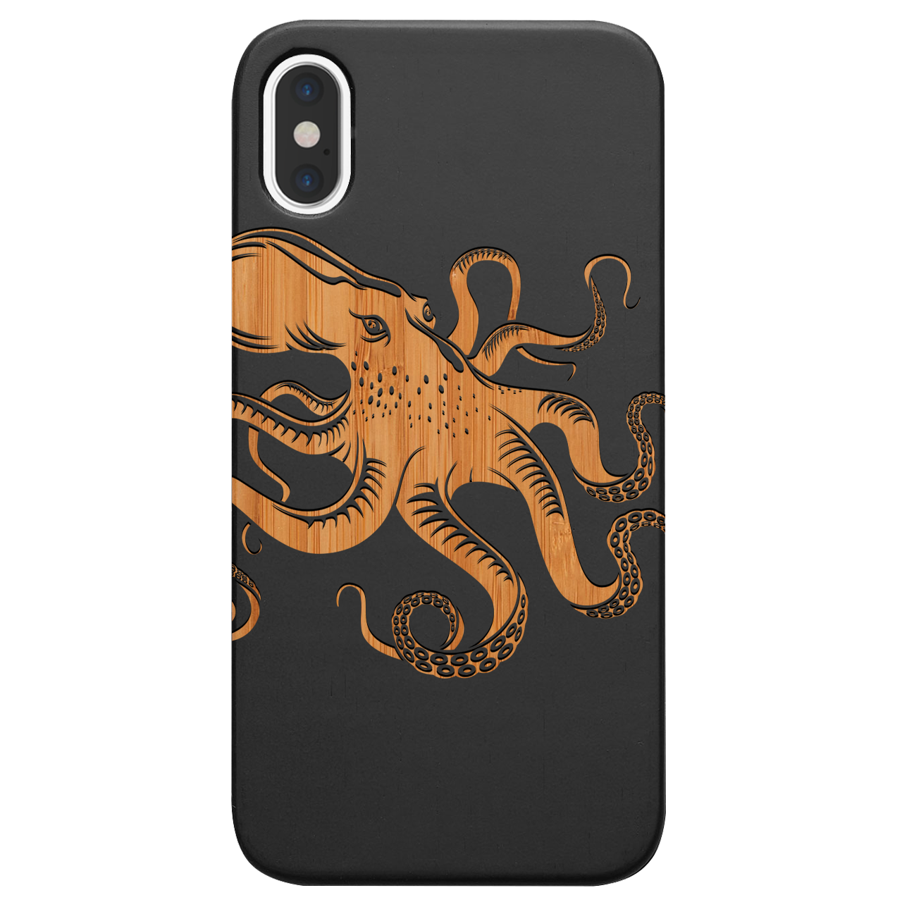 Octopus Engraved wooden phone case showcasing unique laser-engraved design and natural wood finish.