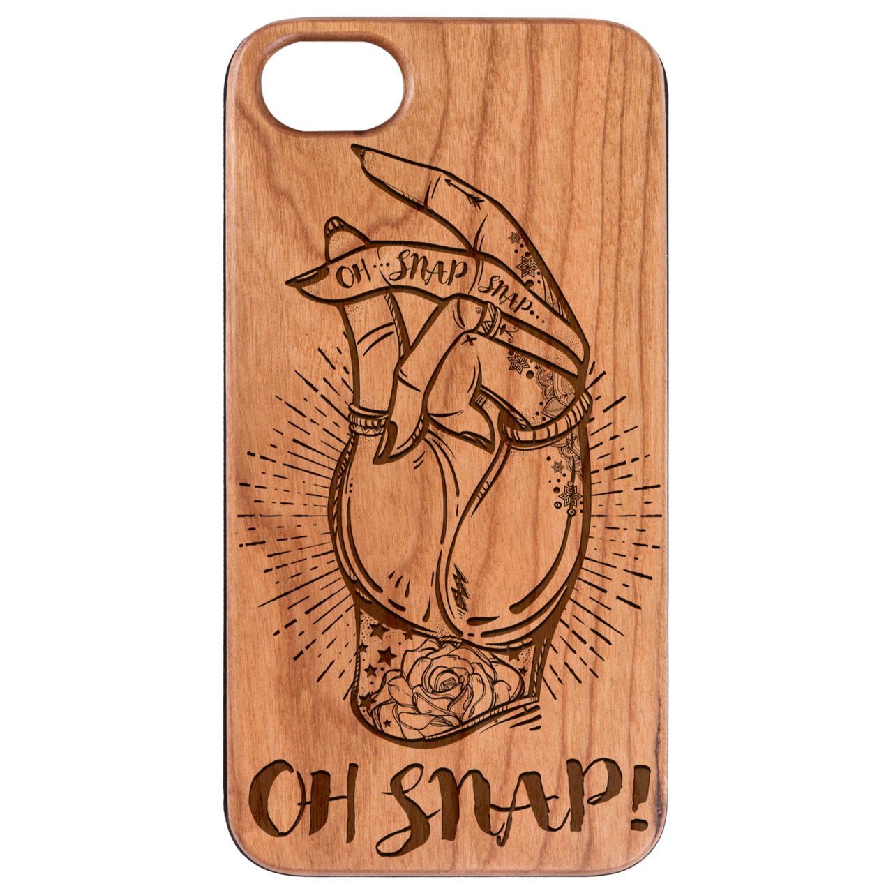 Oh Snap - Engraved wooden phone case showcasing unique laser-engraved design and natural wood finish.