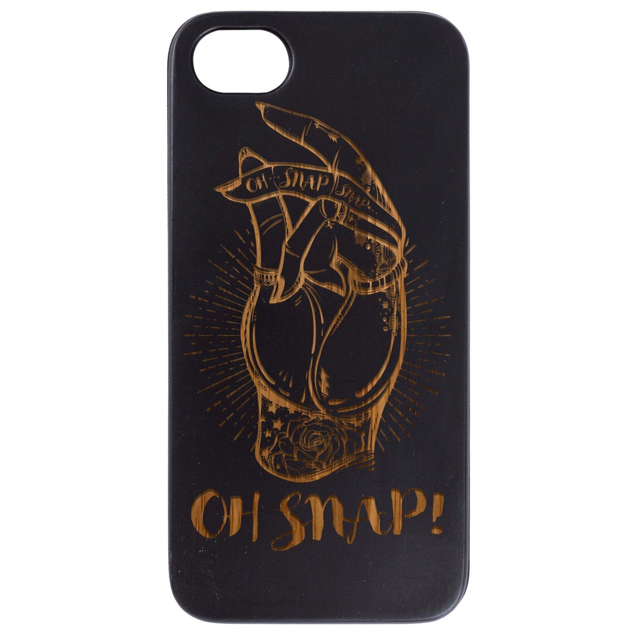 Oh Snap - Engraved wooden phone case showcasing unique laser-engraved design and natural wood finish.