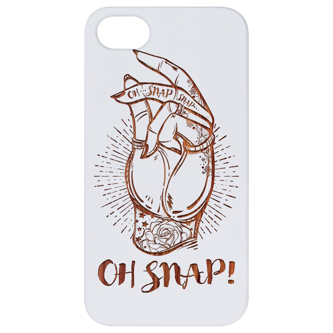 Oh Snap - Engraved wooden phone case showcasing unique laser-engraved design and natural wood finish.