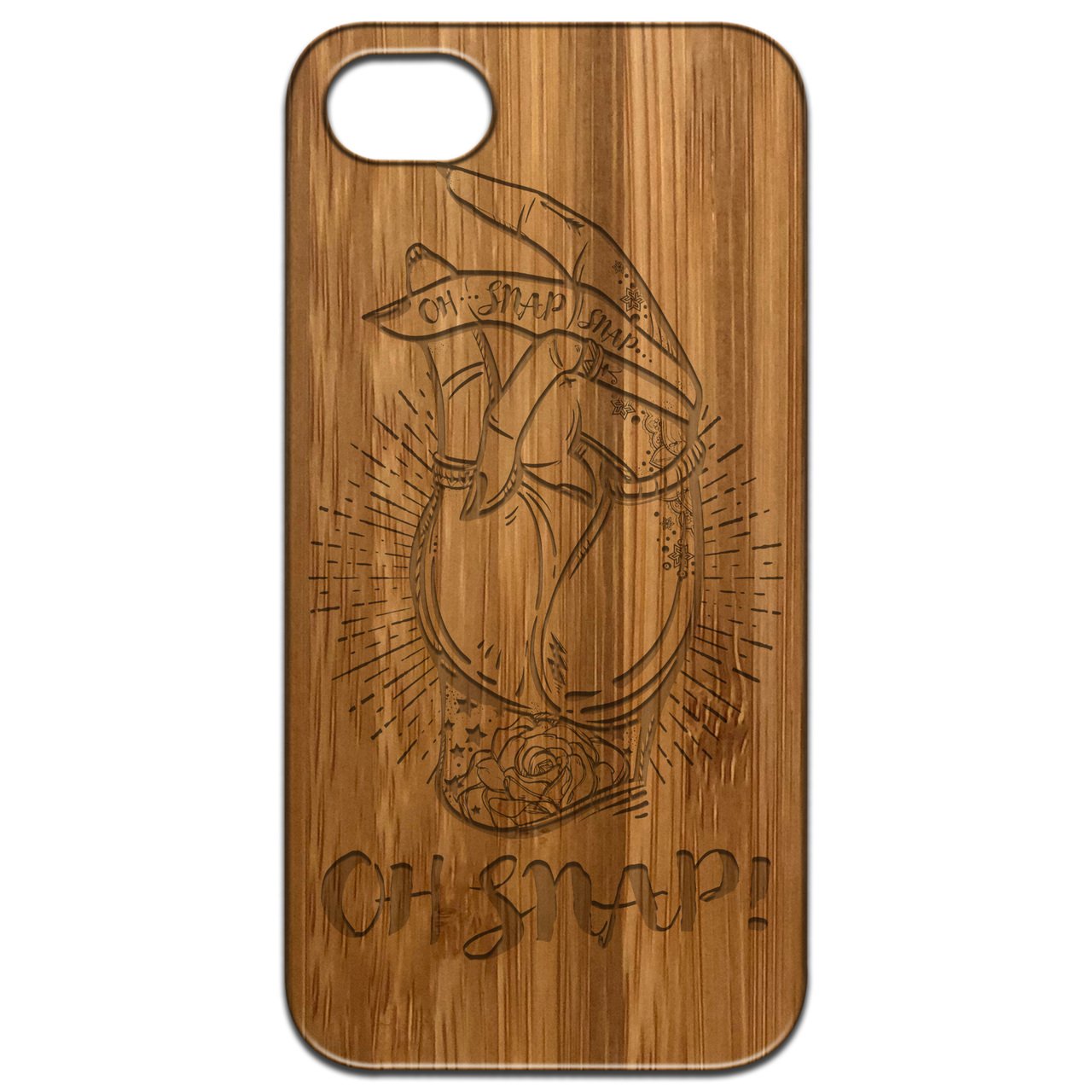 Oh Snap - Engraved wooden phone case showcasing unique laser-engraved design and natural wood finish.