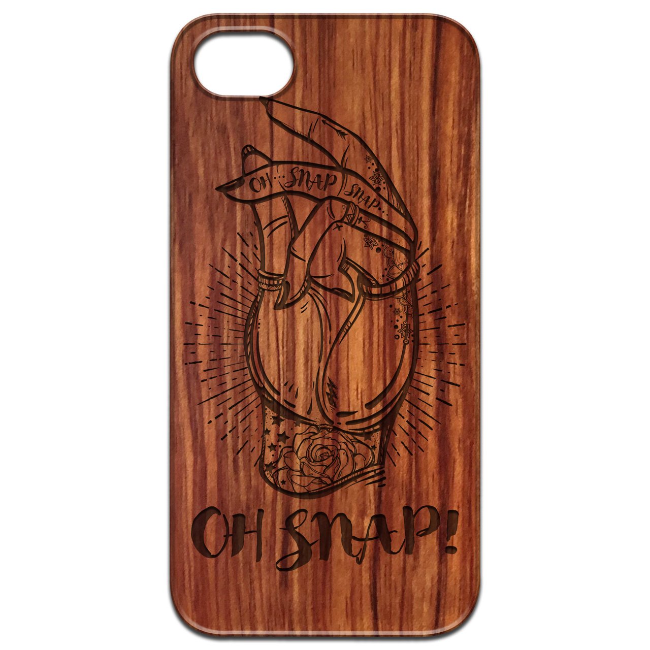 Oh Snap - Engraved wooden phone case showcasing unique laser-engraved design and natural wood finish.