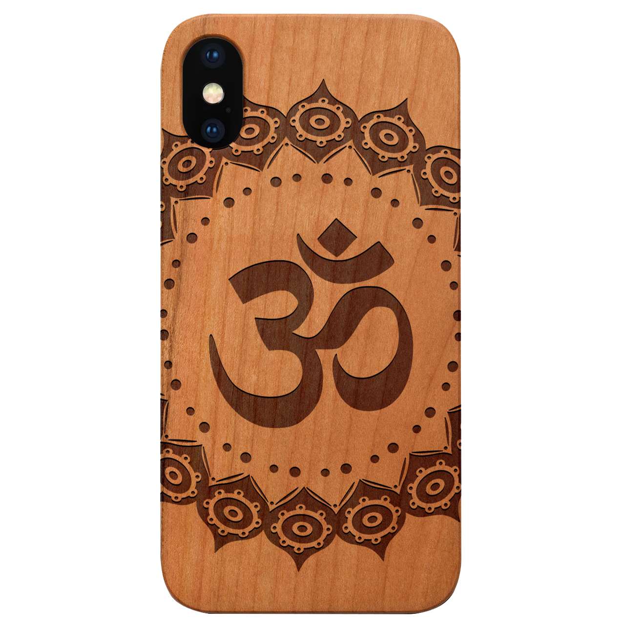 Om Mandala Engraved wooden phone case showcasing intricate mandala design and natural wood finish.