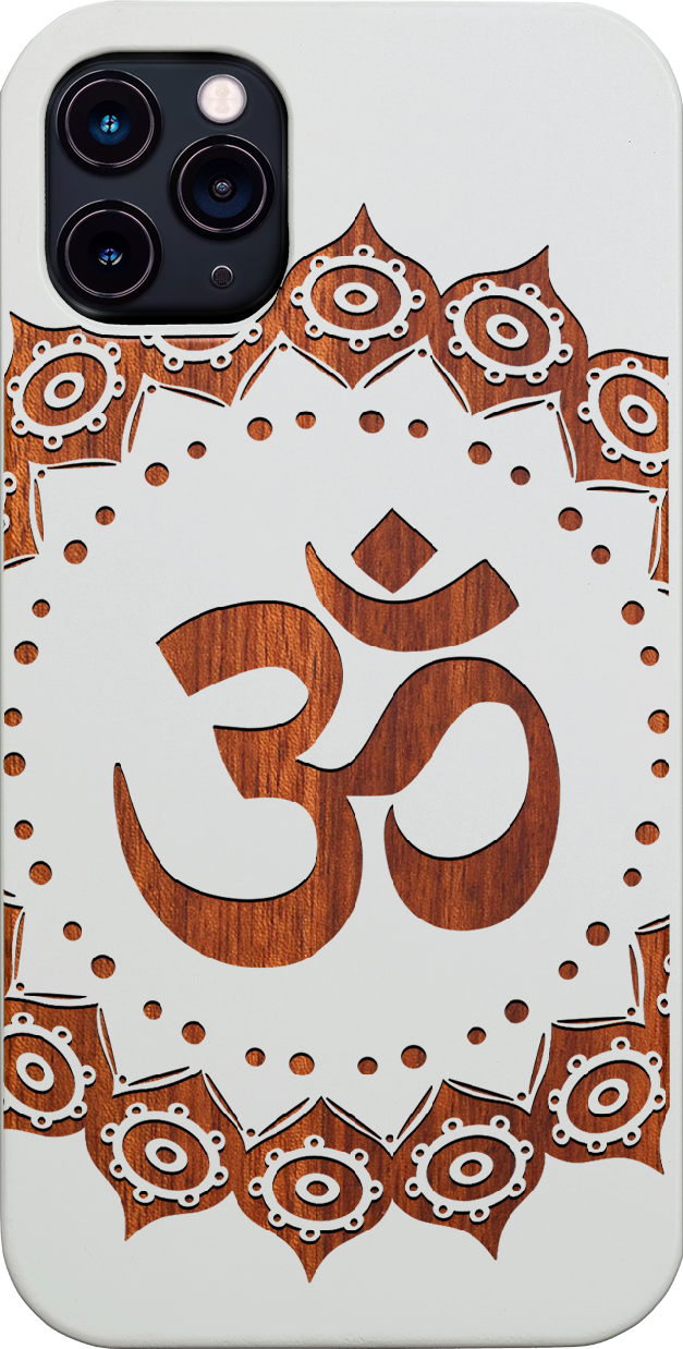 Om Mandala Engraved wooden phone case showcasing intricate mandala design and natural wood finish.