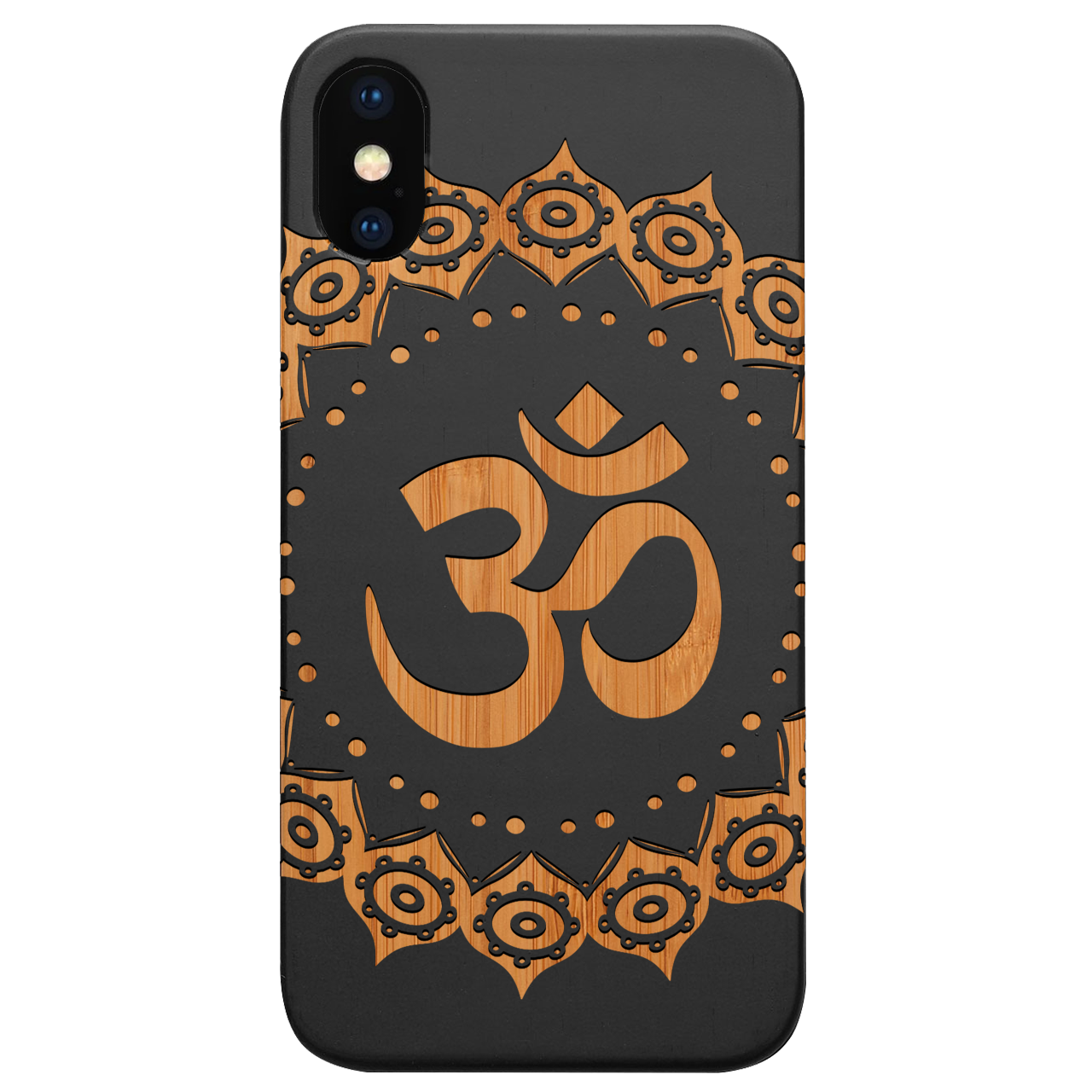 Om Mandala Engraved wooden phone case showcasing intricate mandala design and natural wood finish.