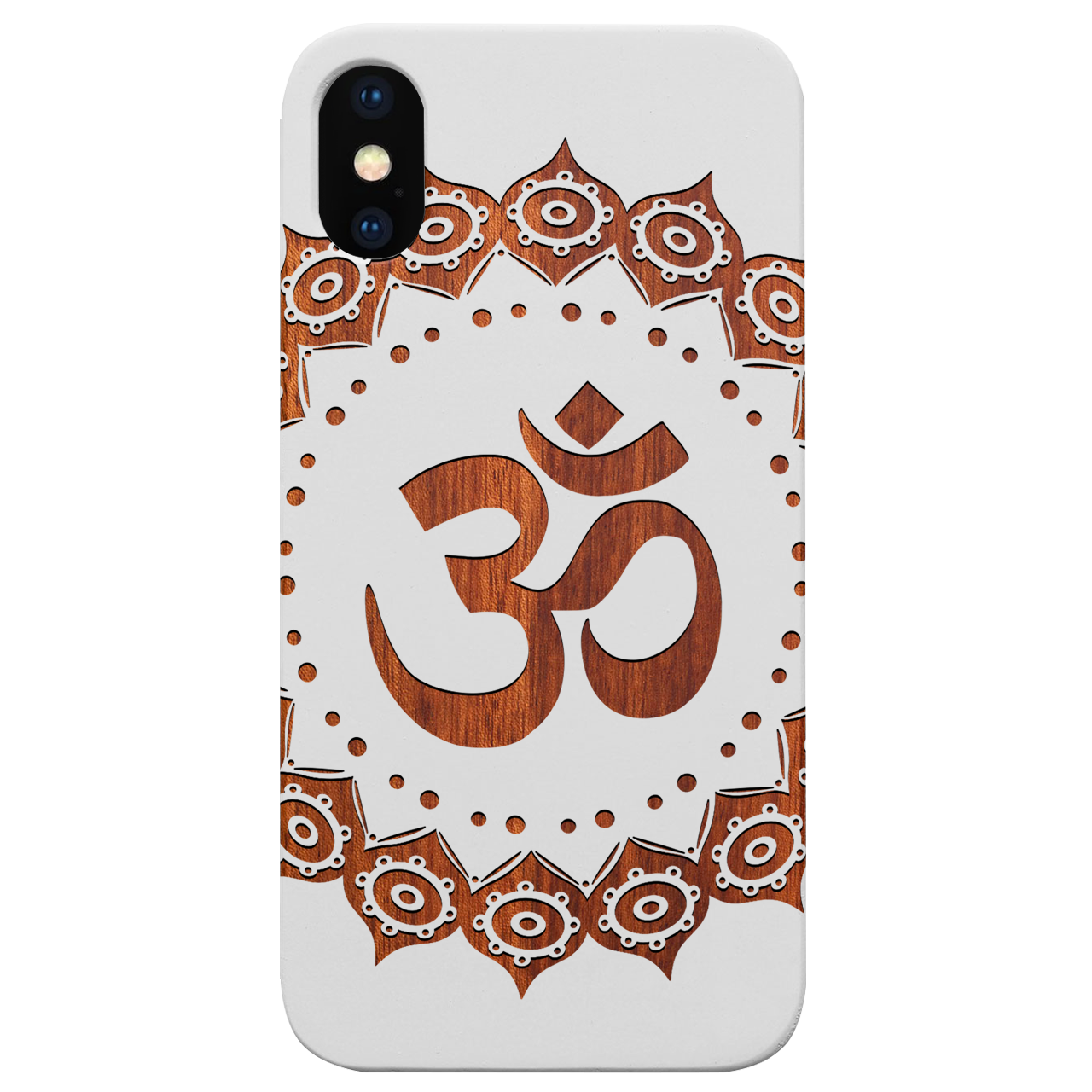 Om Mandala Engraved wooden phone case showcasing intricate mandala design and natural wood finish.