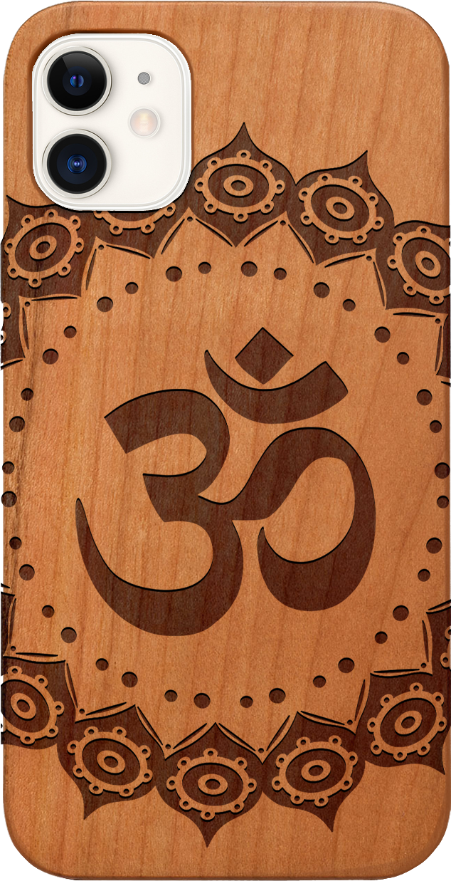 Om Mandala Engraved wooden phone case showcasing intricate mandala design and natural wood finish.