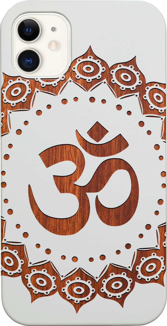 Om Mandala Engraved wooden phone case showcasing intricate mandala design and natural wood finish.