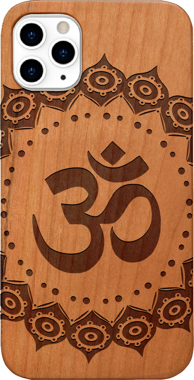 Om Mandala Engraved wooden phone case showcasing intricate mandala design and natural wood finish.