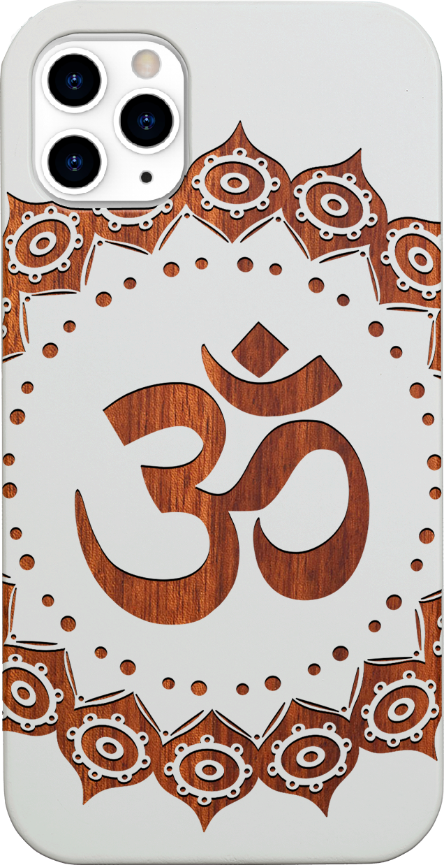 Om Mandala Engraved wooden phone case showcasing intricate mandala design and natural wood finish.