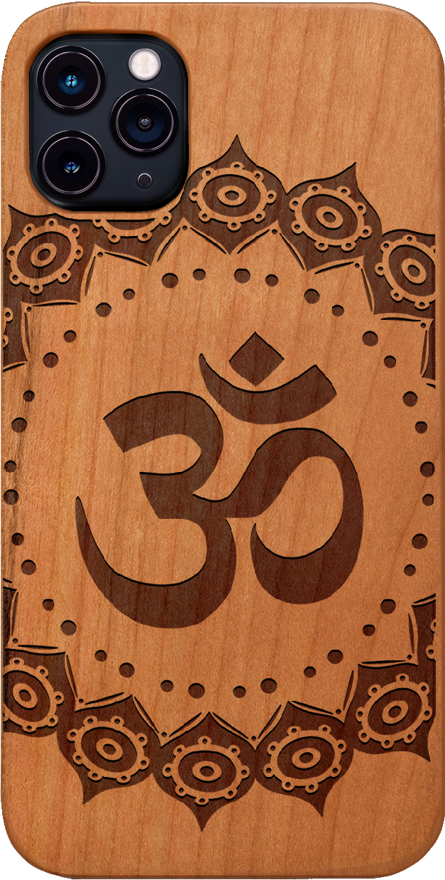 Om Mandala Engraved wooden phone case showcasing intricate mandala design and natural wood finish.