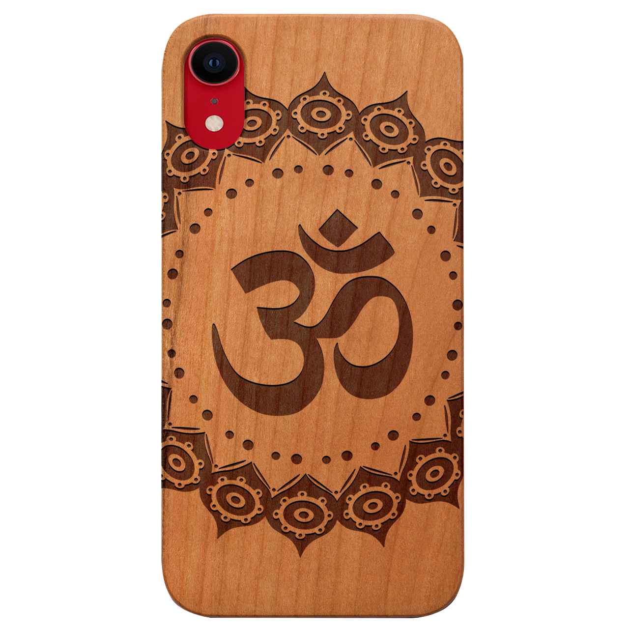 Om Mandala Engraved wooden phone case showcasing intricate mandala design and natural wood finish.