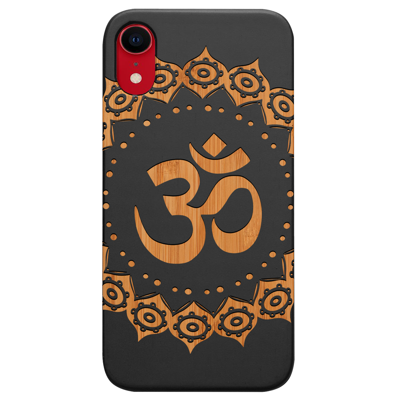 Om Mandala Engraved wooden phone case showcasing intricate mandala design and natural wood finish.