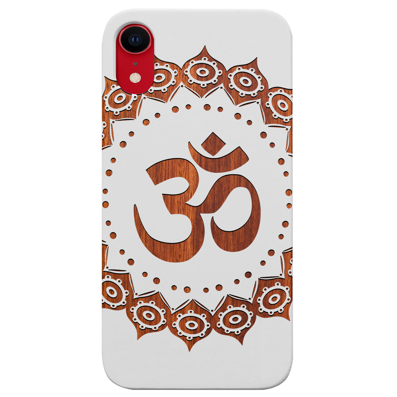 Om Mandala Engraved wooden phone case showcasing intricate mandala design and natural wood finish.