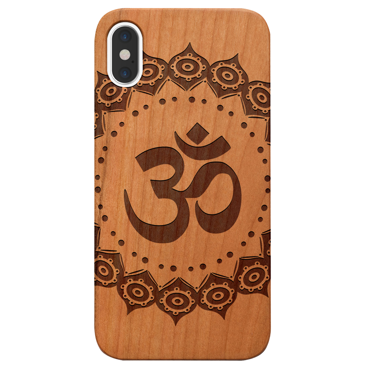 Om Mandala Engraved wooden phone case showcasing intricate mandala design and natural wood finish.