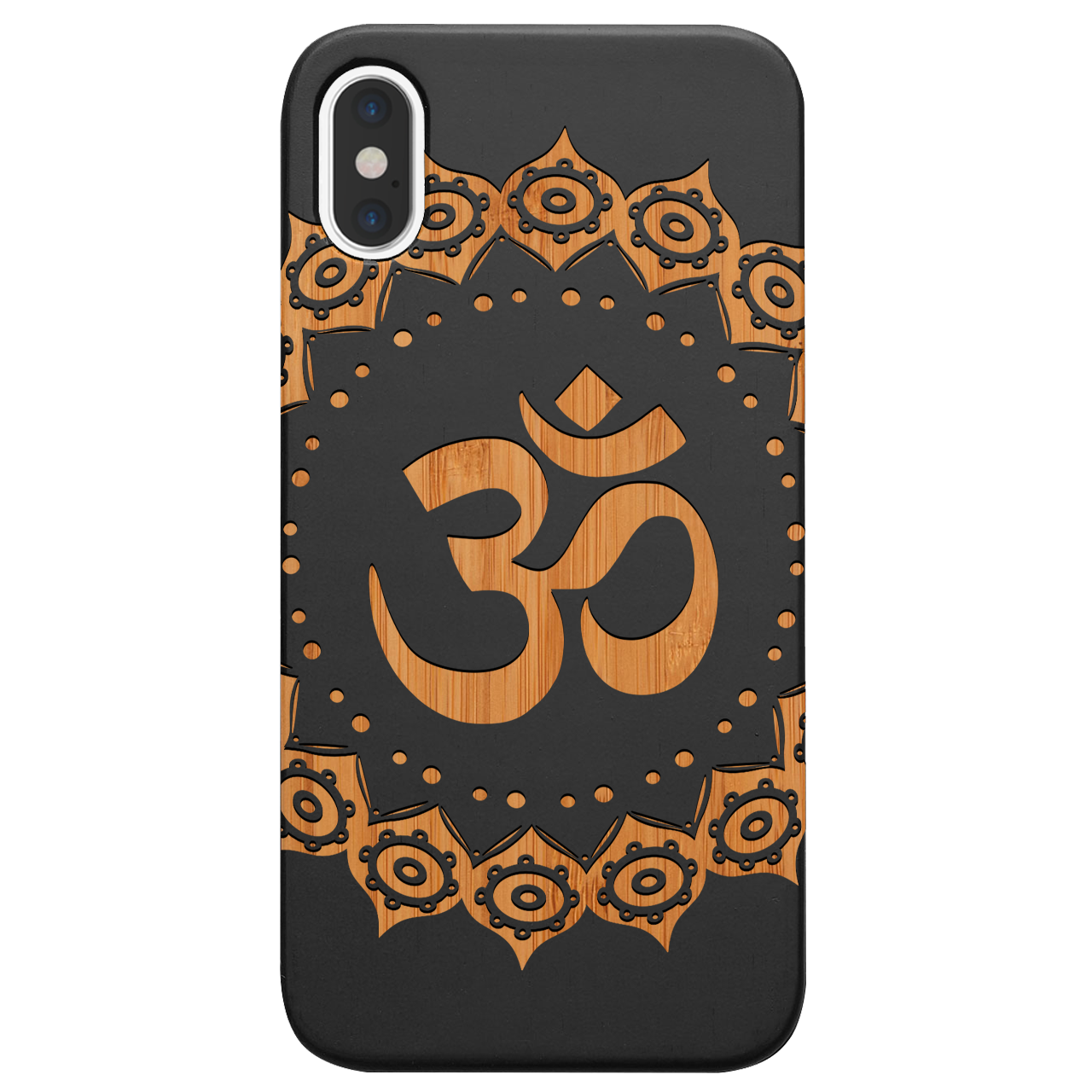 Om Mandala Engraved wooden phone case showcasing intricate mandala design and natural wood finish.