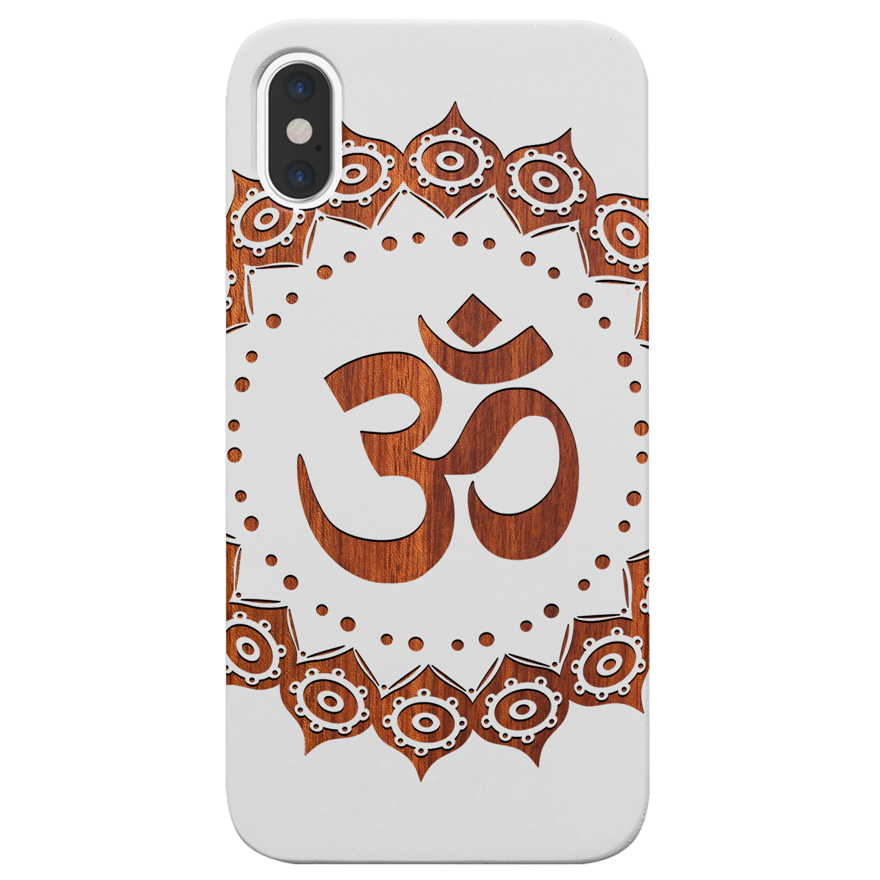 Om Mandala Engraved wooden phone case showcasing intricate mandala design and natural wood finish.