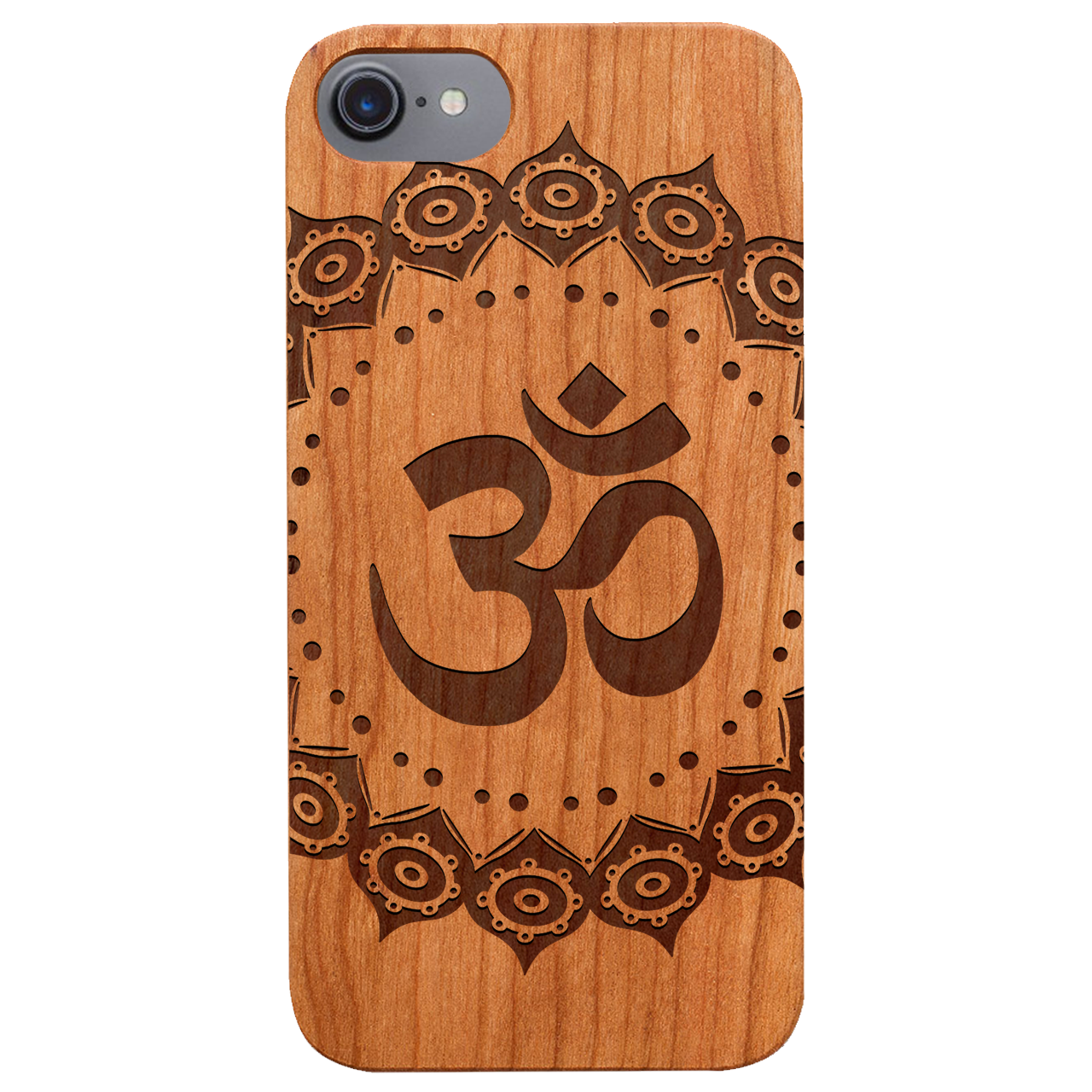 Om Mandala Engraved wooden phone case showcasing intricate mandala design and natural wood finish.