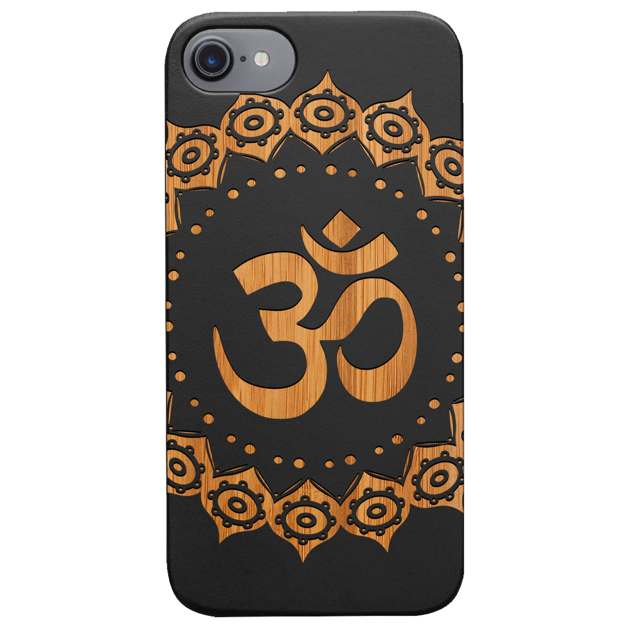 Om Mandala Engraved wooden phone case showcasing intricate mandala design and natural wood finish.