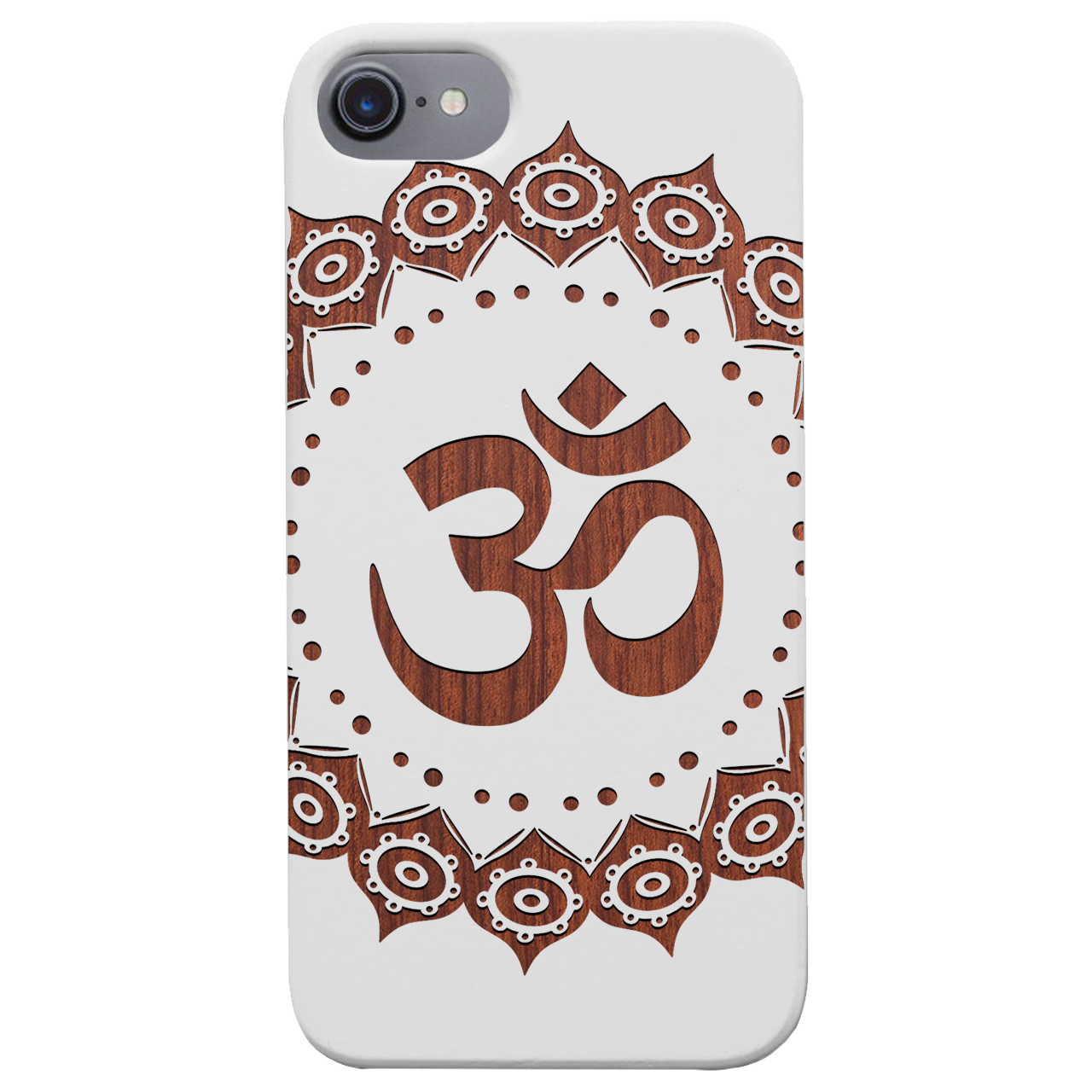 Om Mandala Engraved wooden phone case showcasing intricate mandala design and natural wood finish.