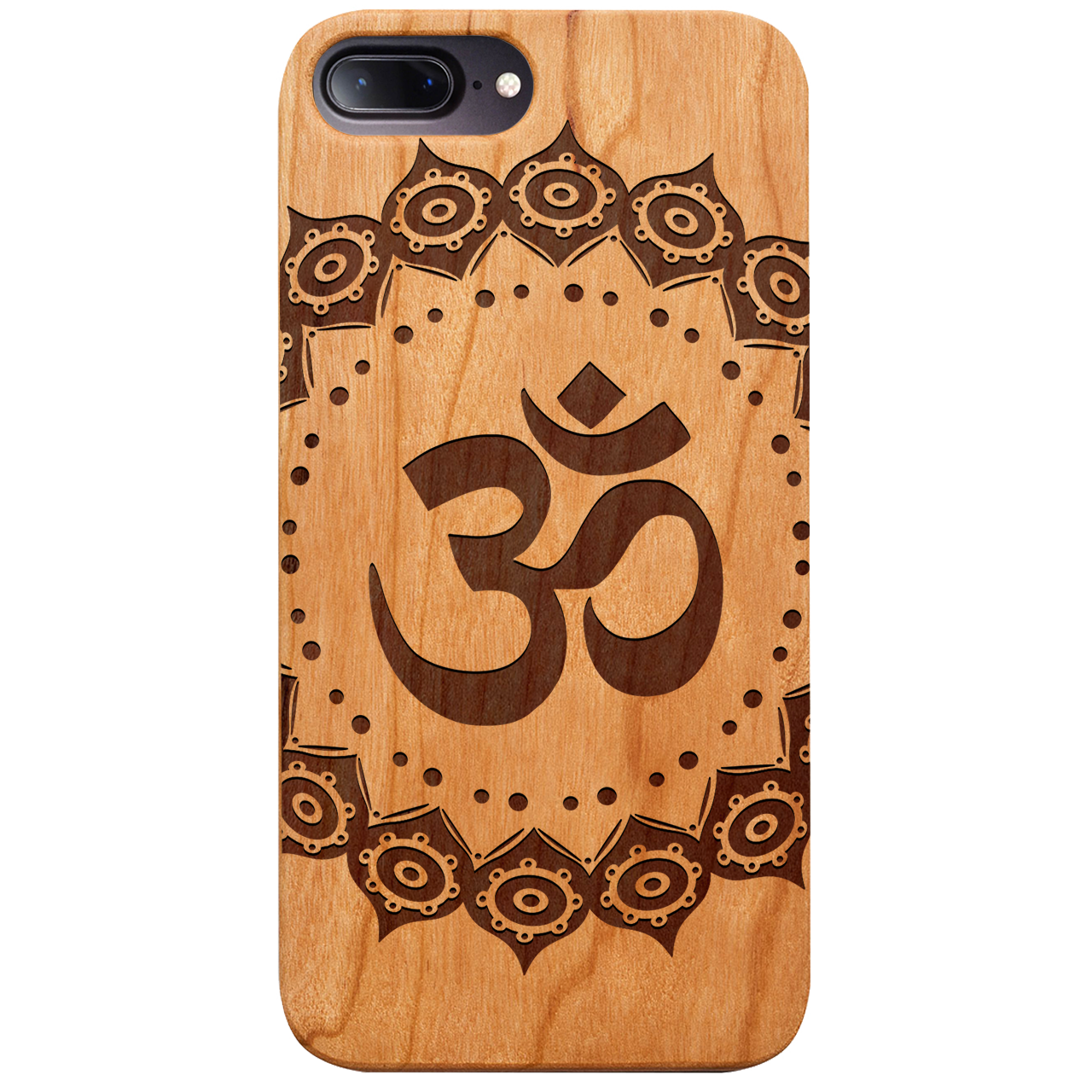 Om Mandala Engraved wooden phone case showcasing intricate mandala design and natural wood finish.