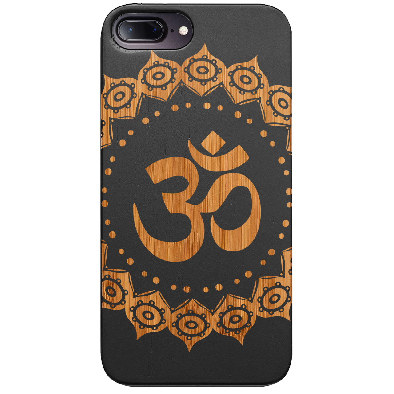 Om Mandala Engraved wooden phone case showcasing intricate mandala design and natural wood finish.