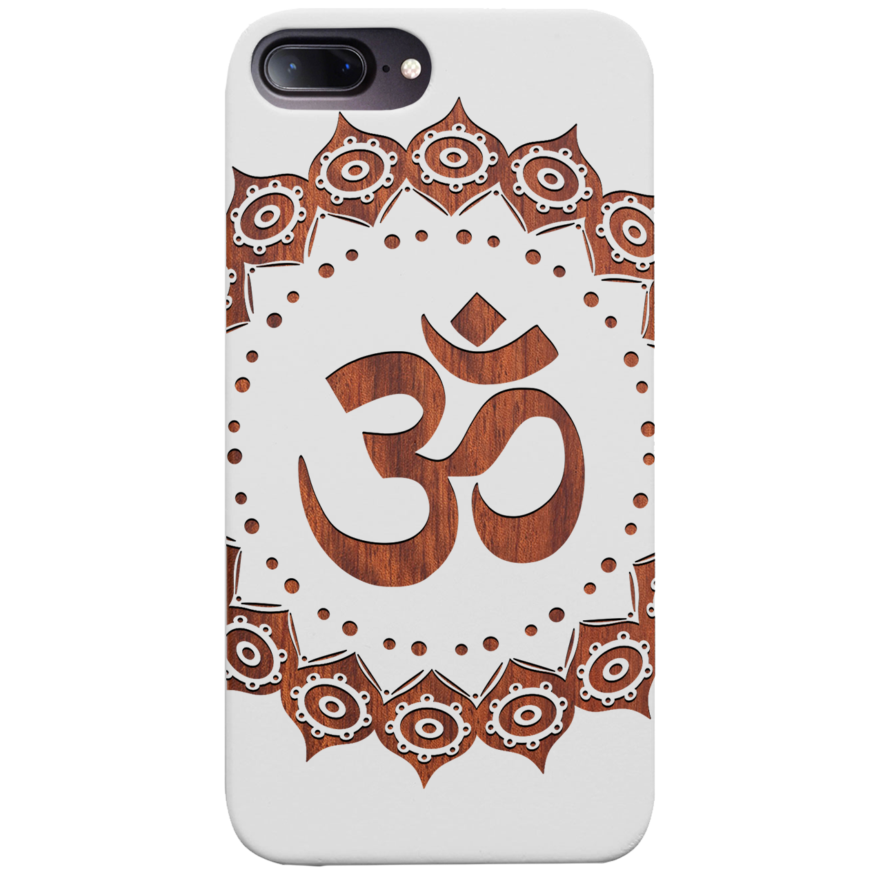 Om Mandala Engraved wooden phone case showcasing intricate mandala design and natural wood finish.