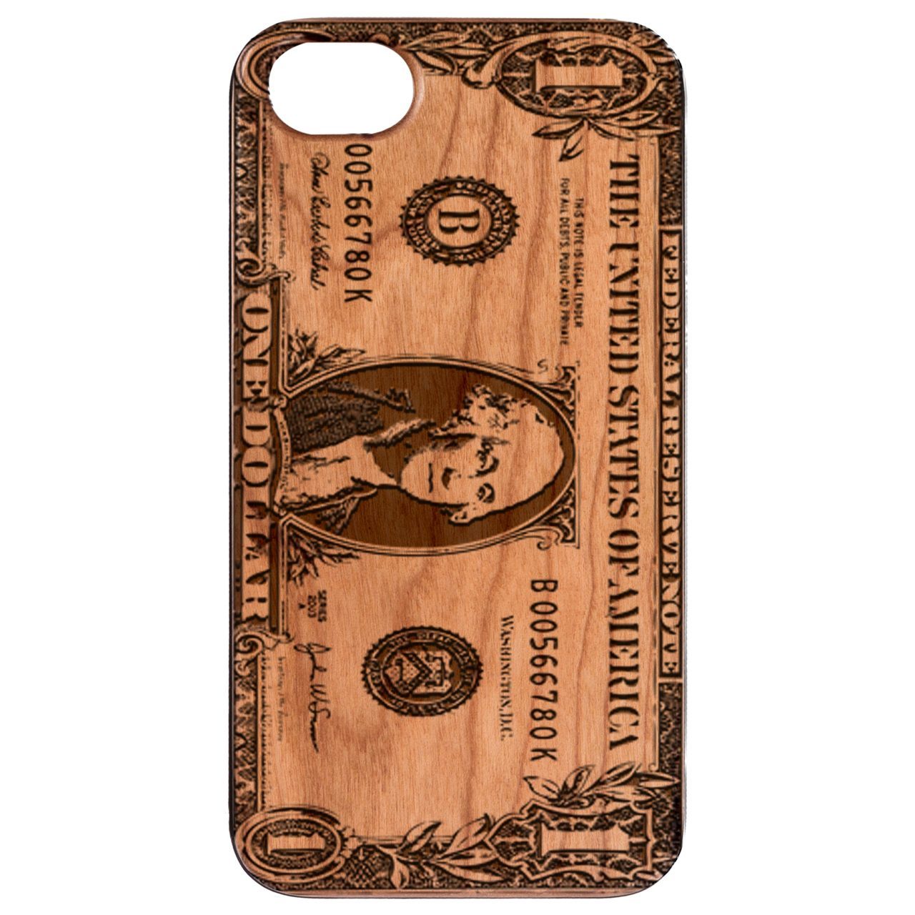 One Dollar Bill Engraved wooden phone case showcasing intricate laser engraving and natural wood finish.