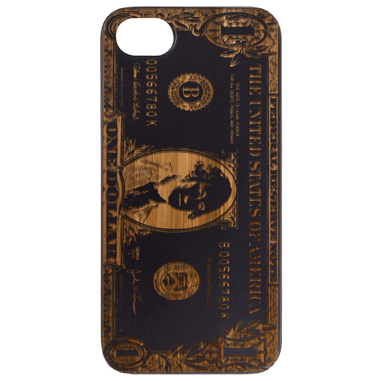 One Dollar Bill Engraved wooden phone case showcasing intricate laser engraving and natural wood finish.